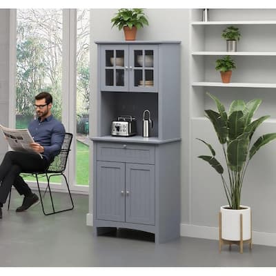 Freestanding 4-Door Pantry 64.5"Tall Wood Storage Cabinet with Open Countertop and Drawers, Kitchen Cupboard with Shelves