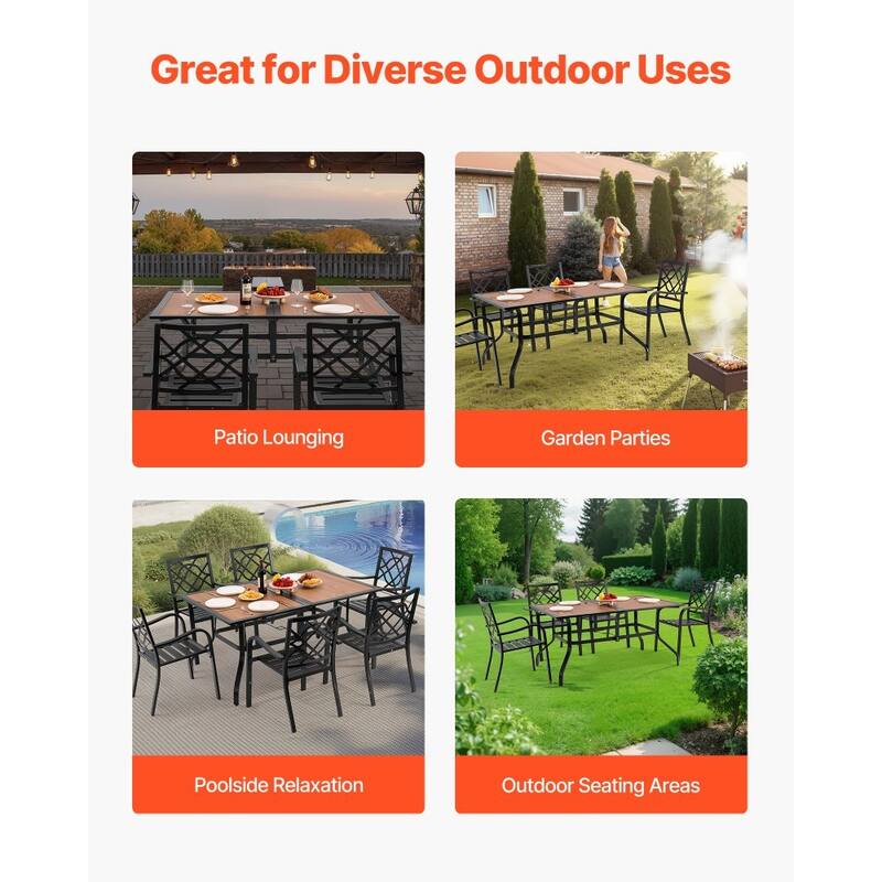 Outdoor Patio Dining Table Brown Wood Grain Carbon Steel Weather Resistant Table with Umbrella Hole - 59x38x29 in