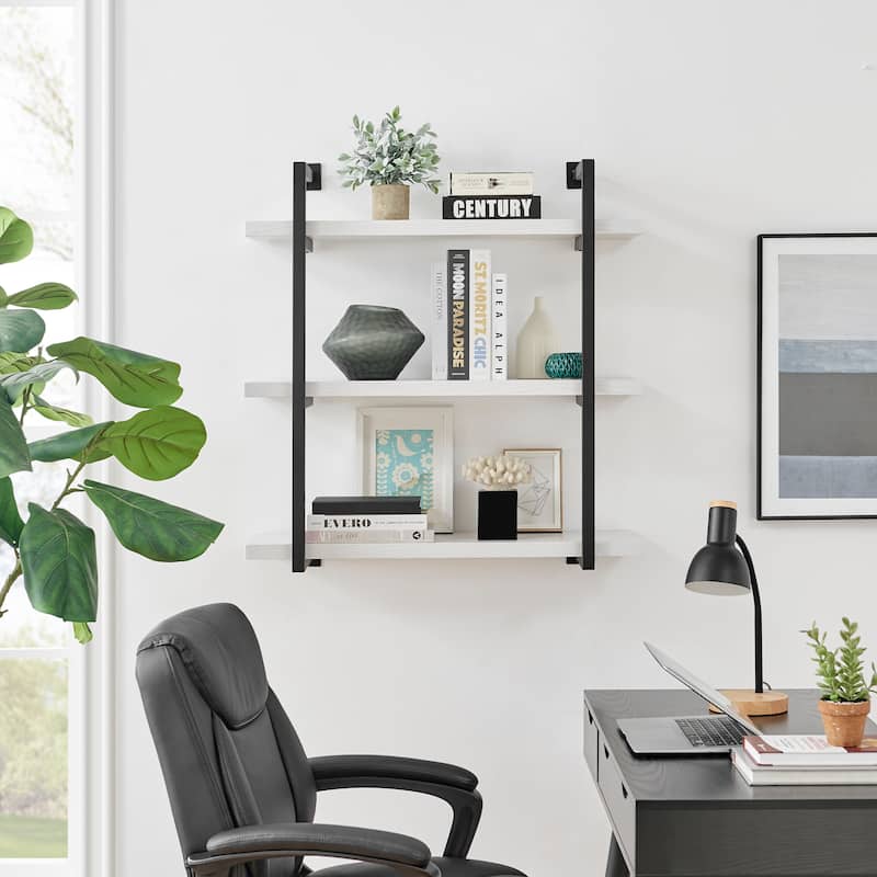 Danya B. Modern 3-Tier Hanging Bracket Wall Shelves in Black Metal and White Birch Finish