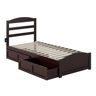 Espresso Wood Platform Bed - Twin XL Footboard & Storage - Minimalist Design - 600lb Capacity
