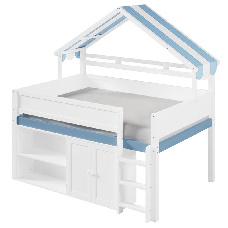GDFStudio - Skyhaven Modern Wooden Loft Bed with Canopy Roof and Storage Cabinet