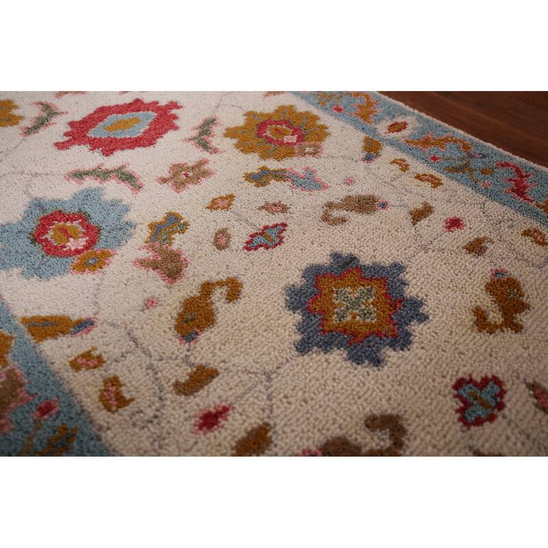 Ivory & Blue Floral Oushak Oriental Foyer Rug Hand-Knotted Wool Carpet - 2'6"x 5'9"