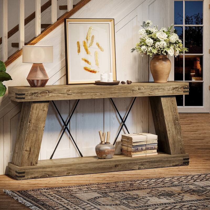 70.9” Farmhouse Console Table, Brown Entryway Table with Storage - Large