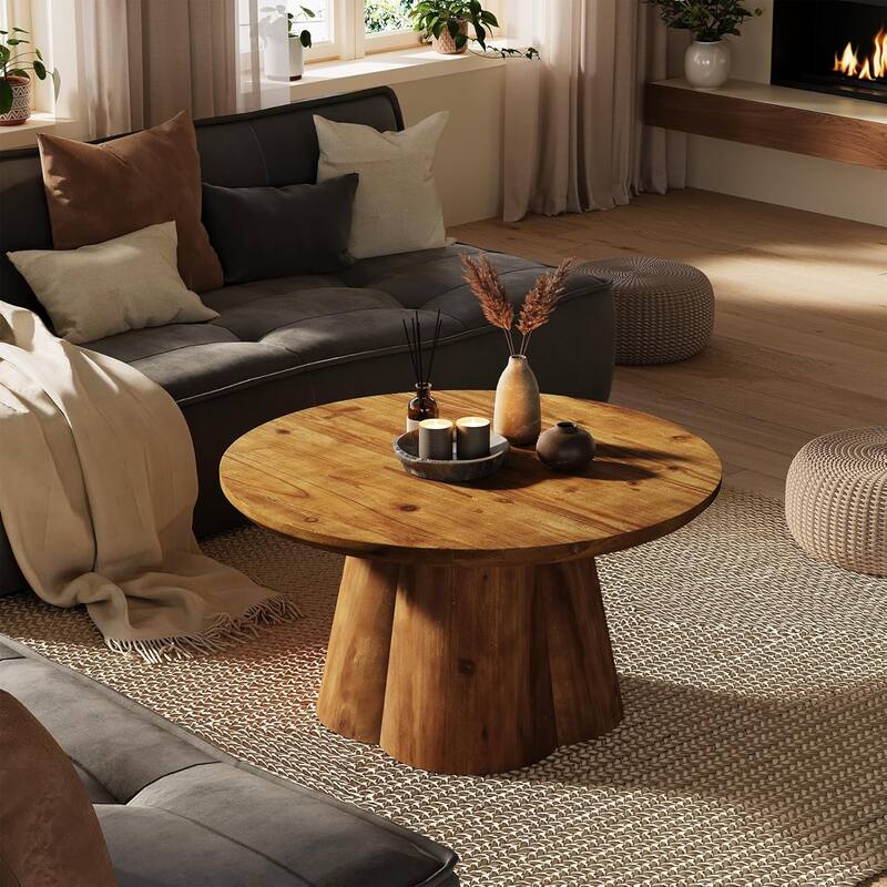 31.5-Inch Solid Wood Round Coffee Center Tea Table with Robust Base for Living Room, Small Space, Apartment