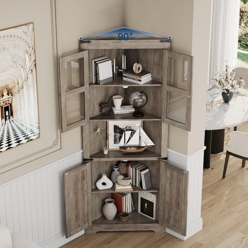 67" Tall Corner Storage Cabinet with Lights, Farmhouse Corner Hutch Display Cabinet with Glass Doors