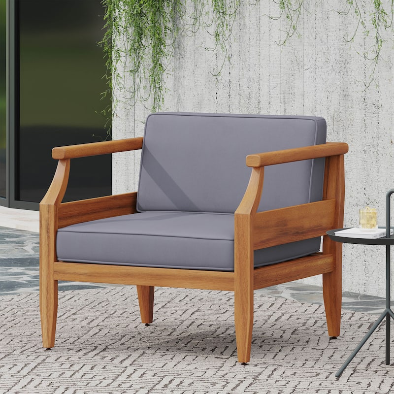 Roomfitters Outdoor Club Chair with Cream Cushions and Tapered Acacia Wood Frame, Weather-Resistant Seating