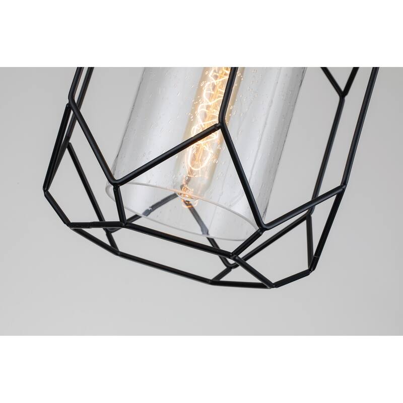 Black 1-Light Cage Pendant with Seedy Glass Shade