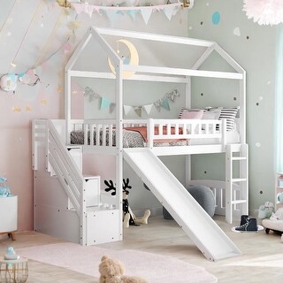 Twin Loft Bed with Two Drawers and Slide - White House Bed with Storage Steps and Playhouse Design