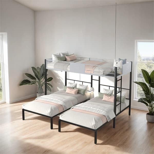 slide 2 of 20, Triple Bunk Bed with Vent Board, Noise-Free Wood Slats Black