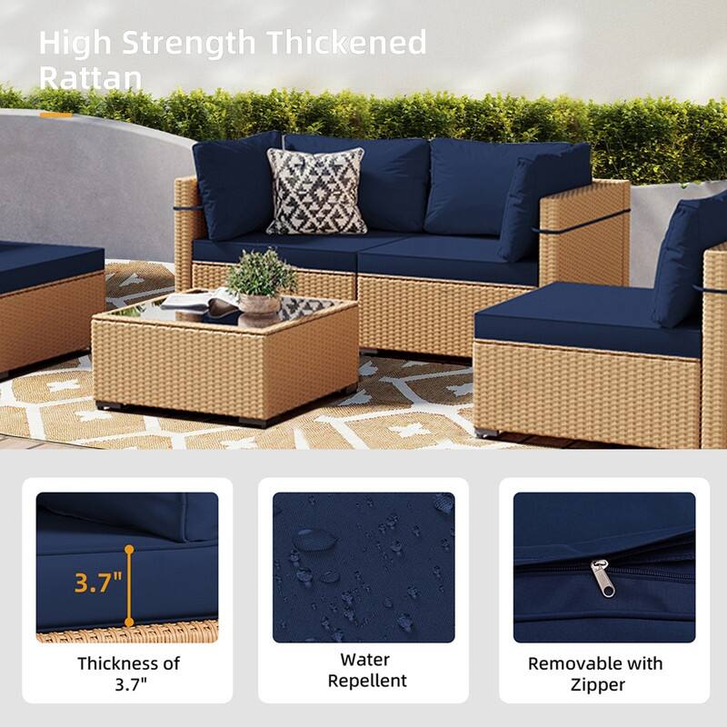 Patio Watcher 5-Pieces Yellow Rattan Conversation Set with Cusions for Outdoors