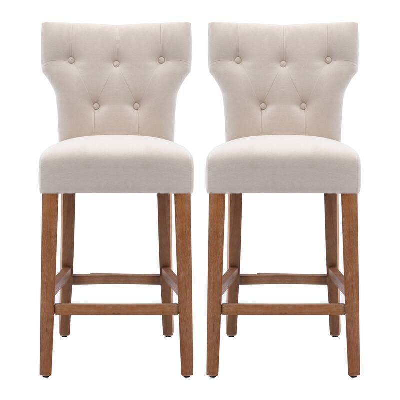 25 Inches Fabric Counter Height Bar Stools Button Tufted Upholstered Island Chairs Set of 2 - Beige-2-piece