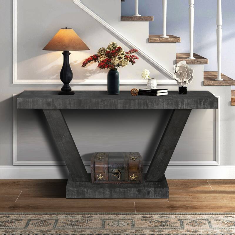 Long Console Table 2-Tier Sofa Table Behind Couch, Distressed Wood Narrow Entryway Table for Living Room, Hallway