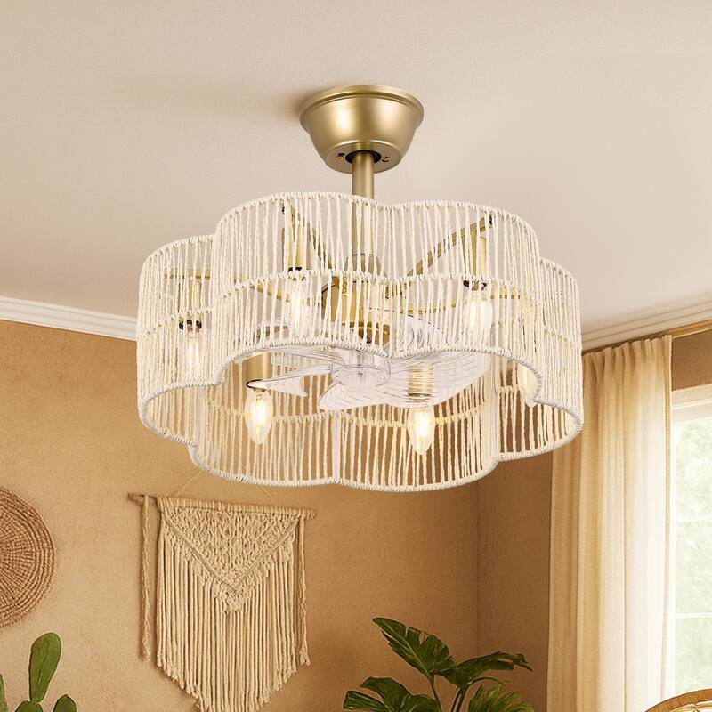 GetLedel 19.7" Woven Scalloped Rattan Ceiling Fan with Remote and Light - Beige