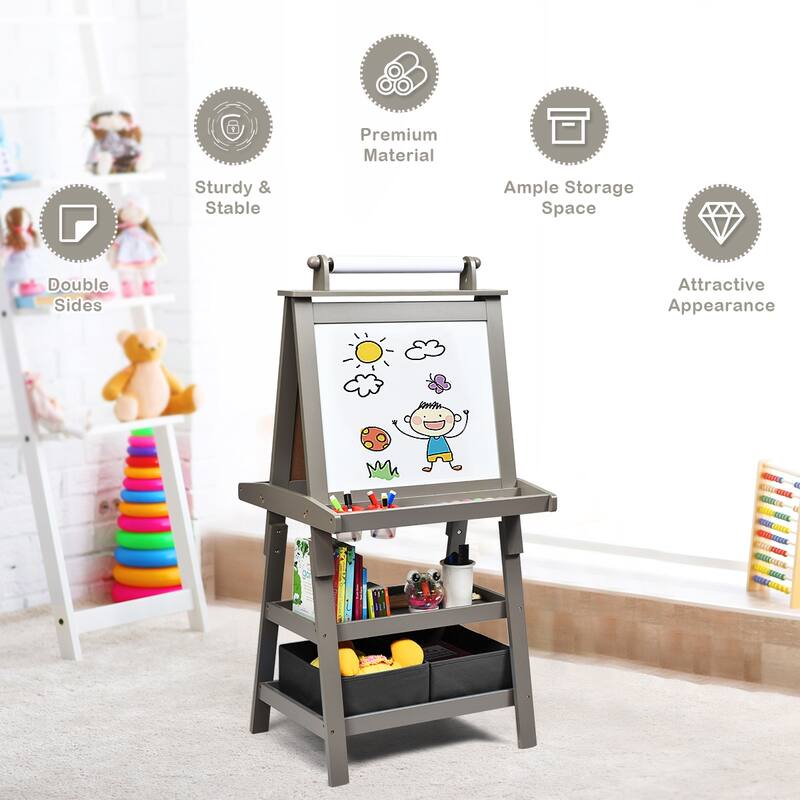 Grey 3-in-1 Kids Art Easel with Double-Sided Blackboard Whiteboard Paper Roll and Storage - 23.5" x 19.5" x 46" (L x W x H)