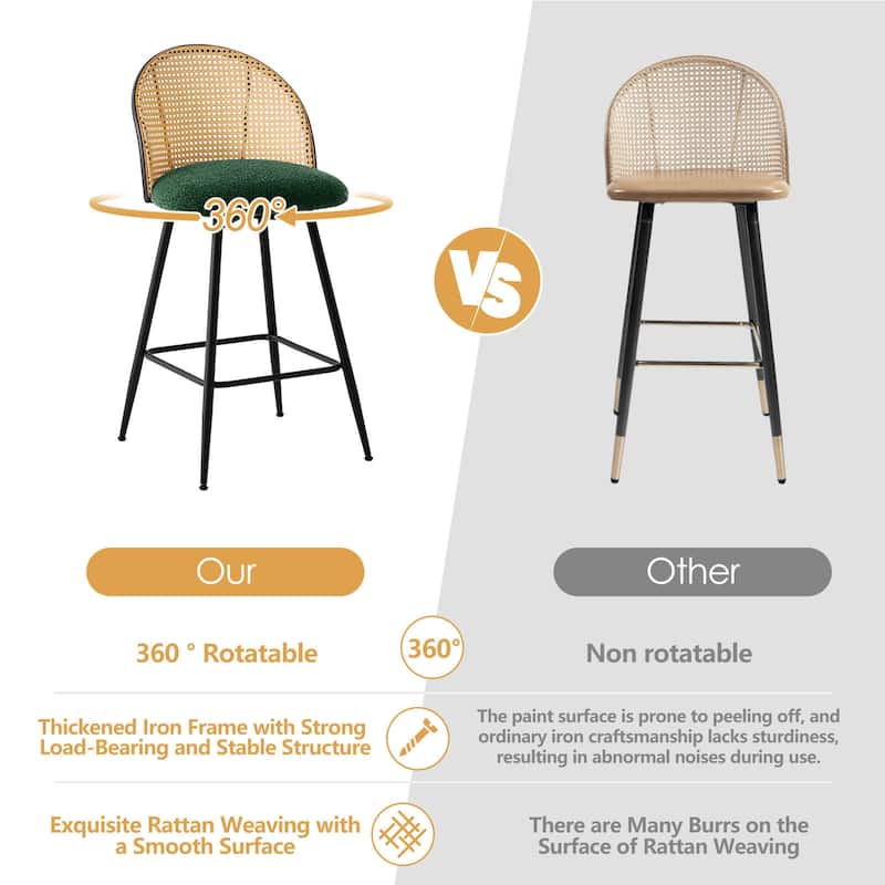 26-Inch Swivel Counter Height Bar Stools with Rattan Back - 36"H x 18.5"W x 19.7"D