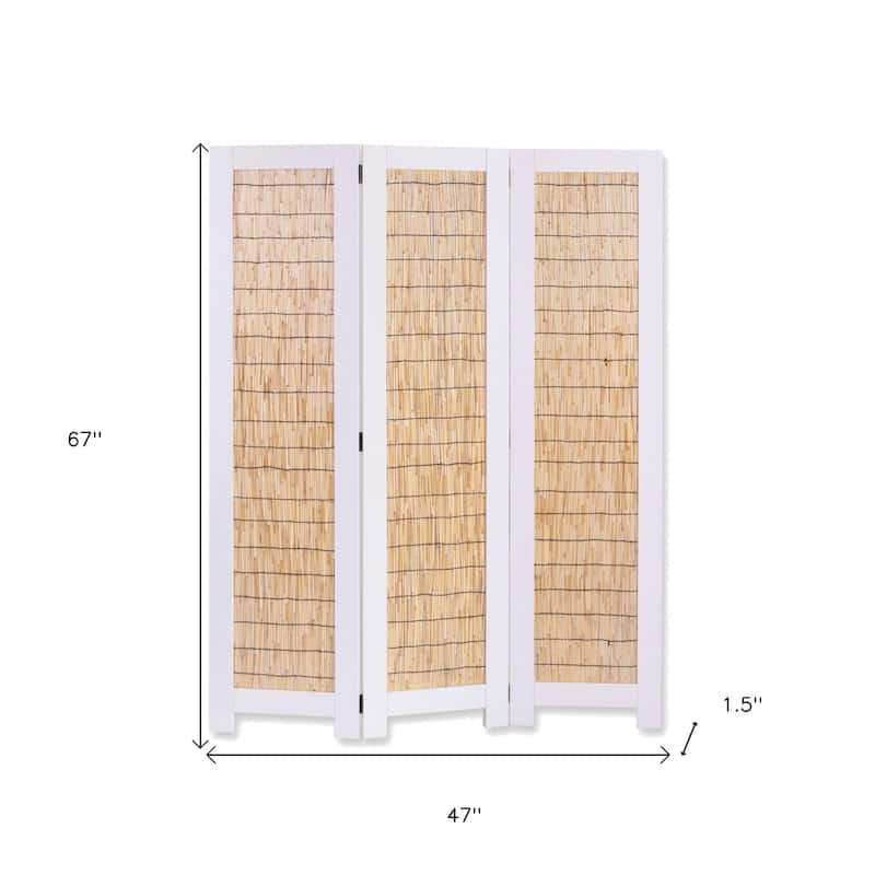 HomeRoots 67" White and Natural Manufactured Wood Folding Three Panel Screen Room Divider - 47' X '67' X '1.5