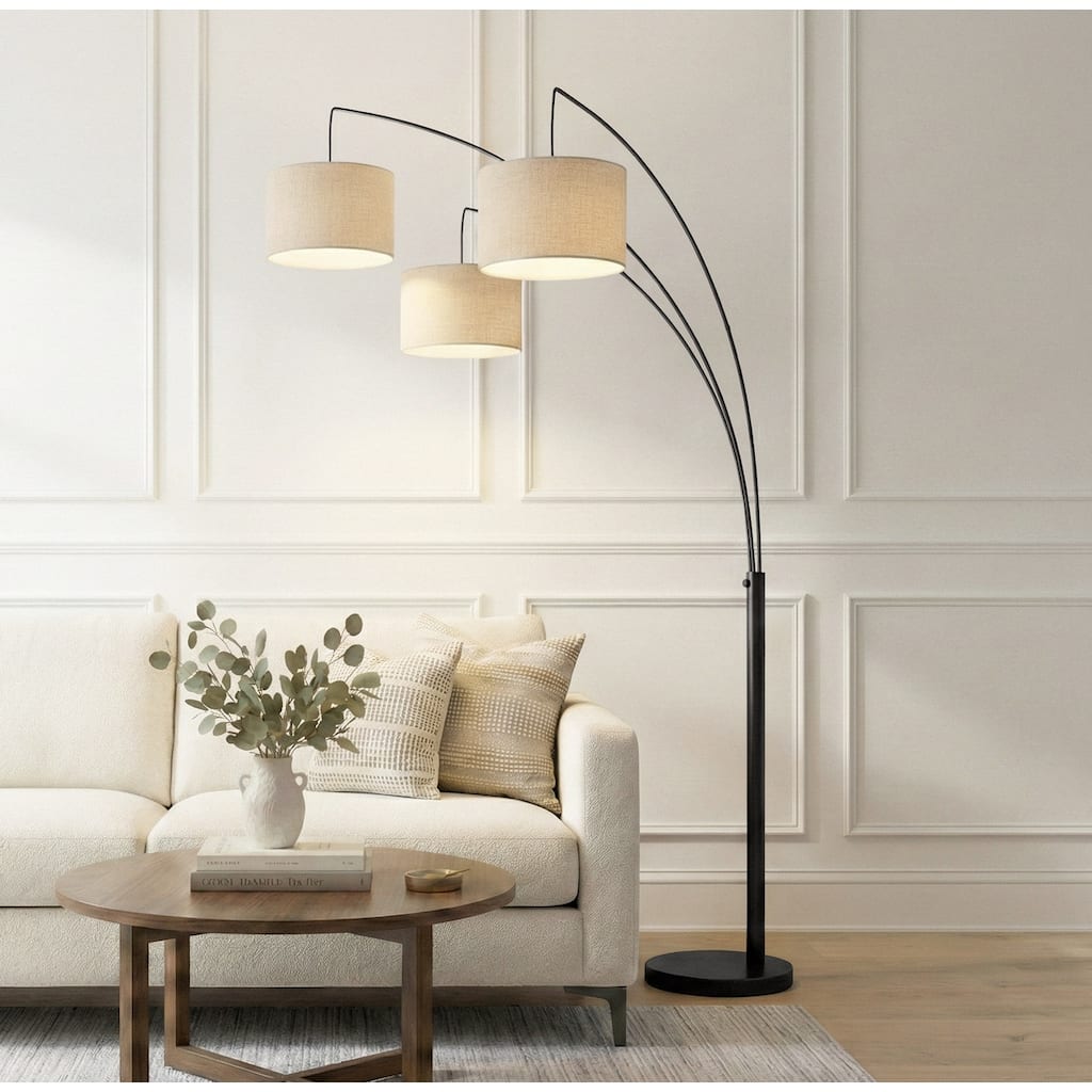 Brightech Trilage 84 in. Classic Black Mid-Century Modern 3-Light Adjustable LED Floor Lamp with 3 Beige Fabric Drum Shades