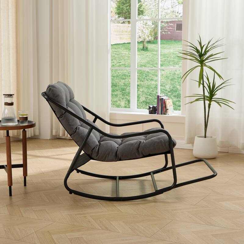 Outdoor Rocking Chair, Comfy Cushion, with Soft Thick Cushion,for Living Room, Bedroom, Reading Room, Black Frame with Cushion