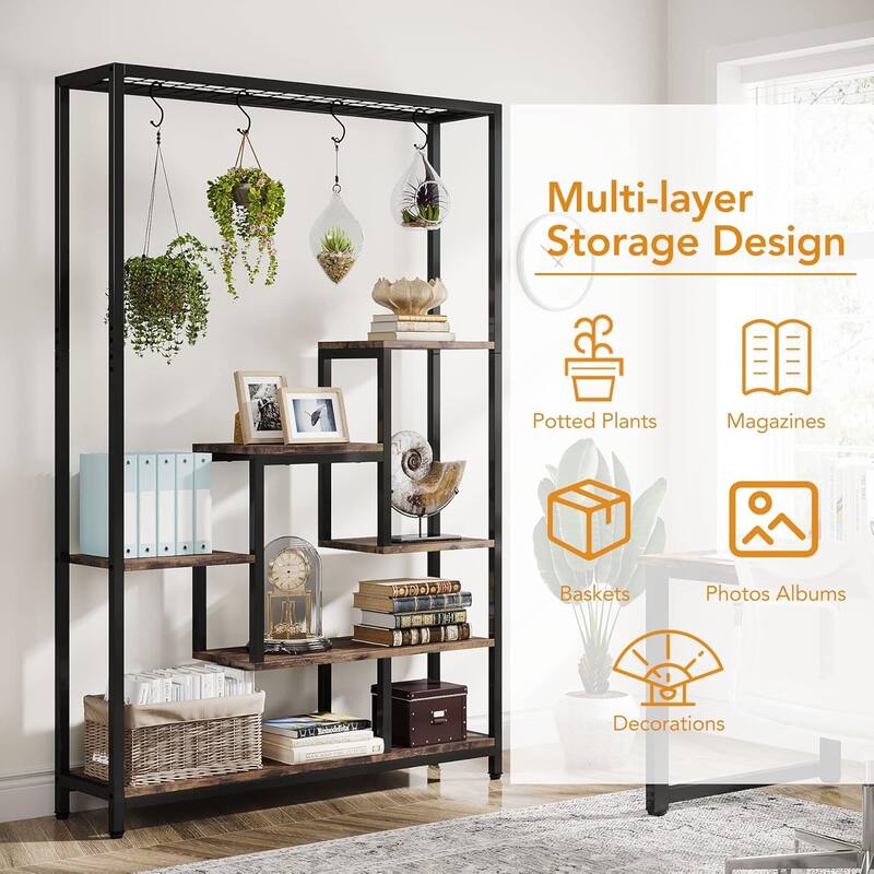 Black-Brown Metal and Particle Board 7-Shelf Ladder Plant Stand - 39.37” x 11.81” x 70.86”