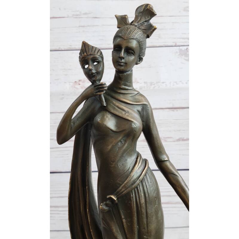 Masquerade Ball Art Deco Bronze Statue Sculpture Figure Holding Mask 14 Inches X 7 Inches