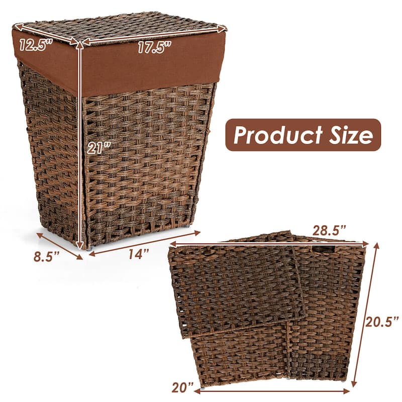 Gymax Handwoven Laundry Hamper Foldable w/Removable Liner, Lid & - 17.5'' X 12'' X 21''