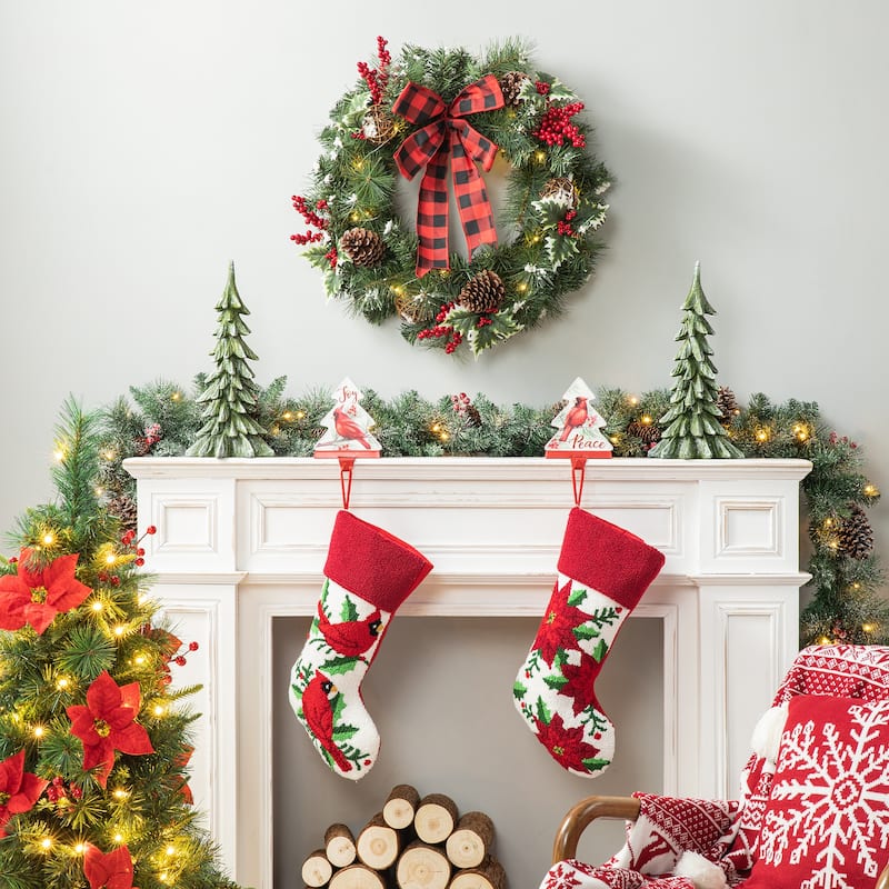 Glitzhome 24"D Snow Berry Twig Ball Pinecone Holly Pine Wreath with Lights & Timer
