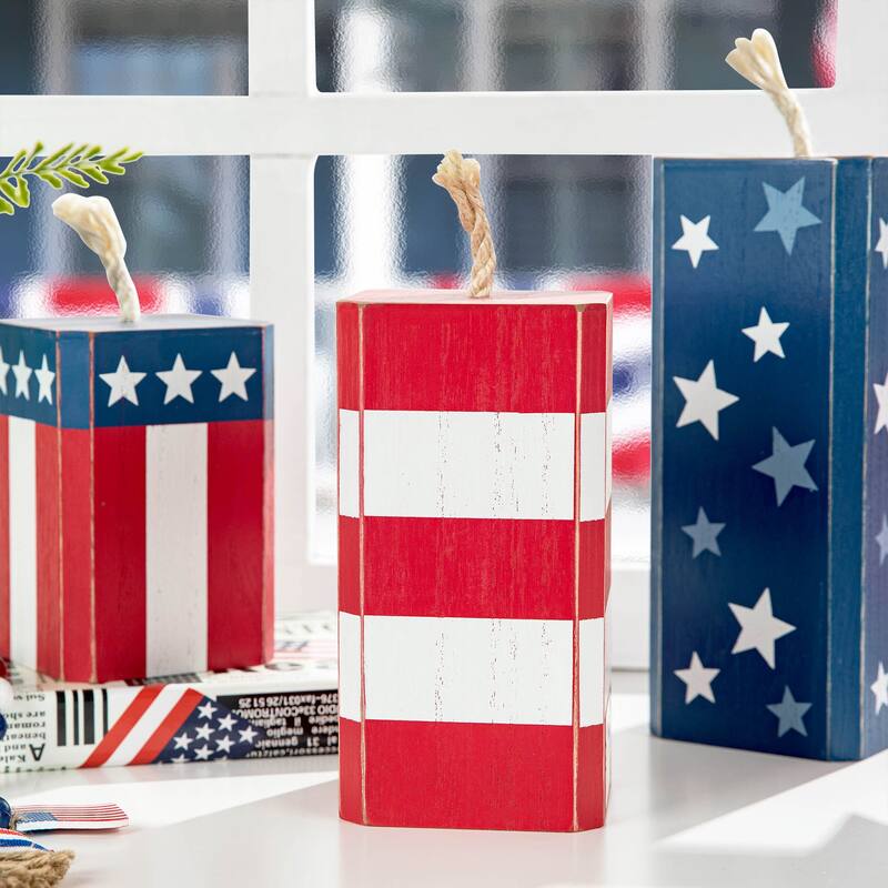 Glitzhome Set of 3 Wooden Patriotic Americana Table Signs Decor