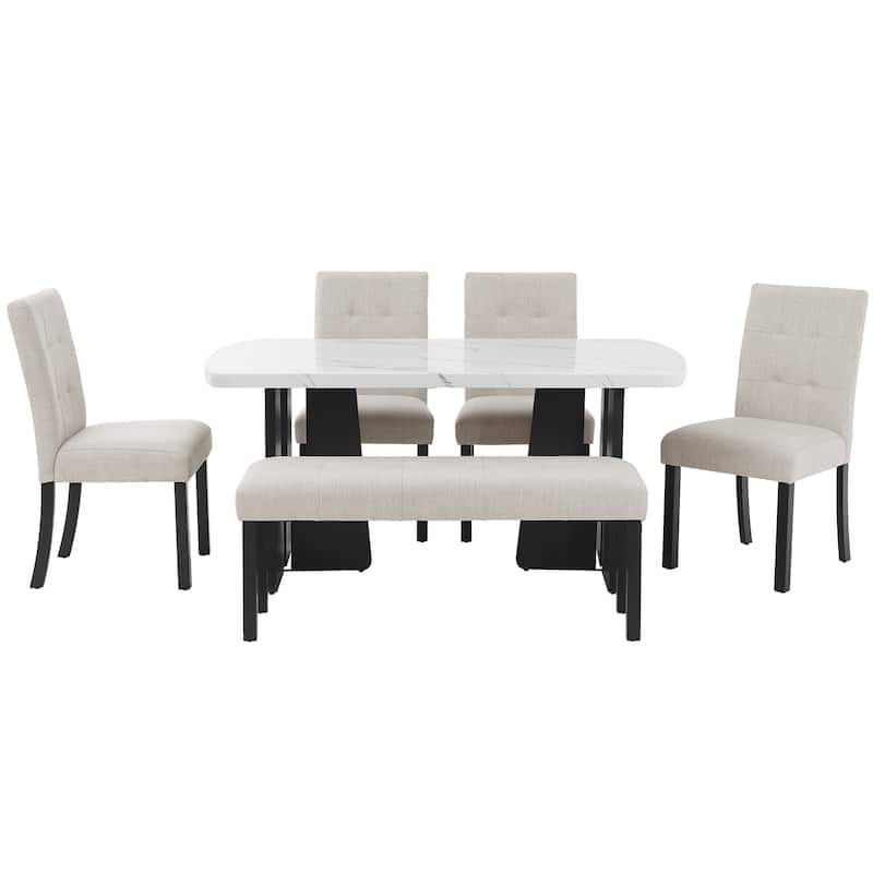 6-Piece Dining Table Set for 6, 63" Faux Marble Oval Table with 4 Dining Chairs & Bench, Modern Table and Chairs Set for 6
