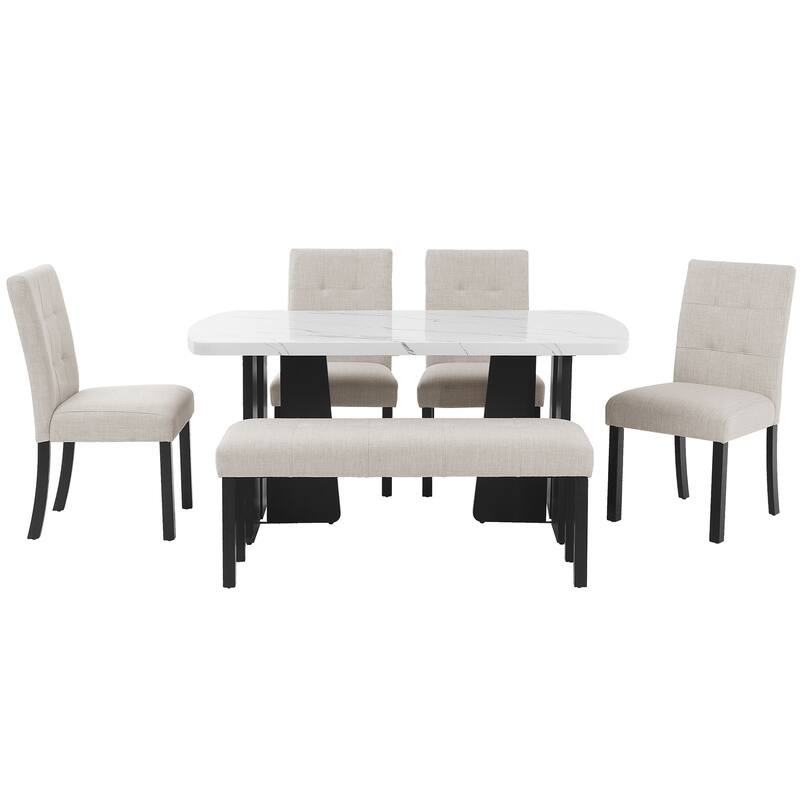 Roomfitters 6 Piece Modern Dining Table Set, 63 Inch Faux Marble Table with Bench and Upholstered Chairs