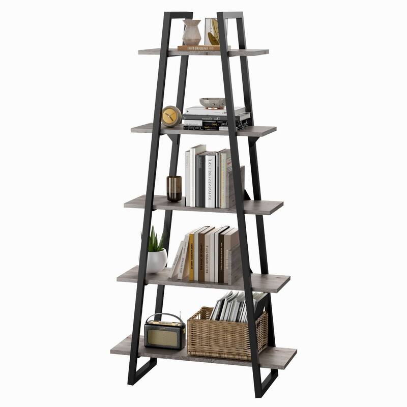 Rustic 5 Tier Ladder Bookcase with Display Shelves - Grey