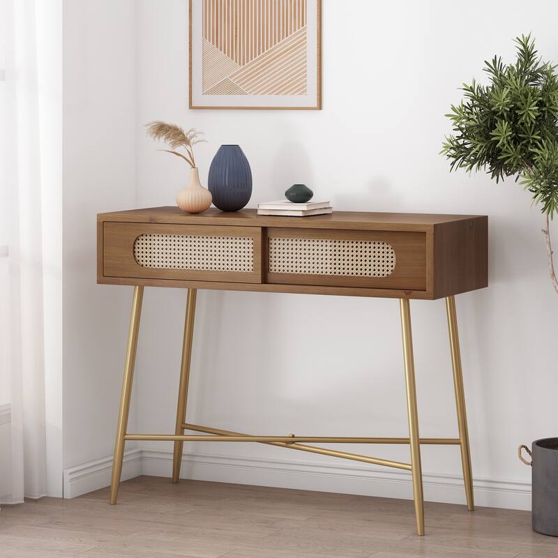 Tuttle Console Table with Wicker Accents by Christopher Knight Home - Walnut + Antique Gold - Wood