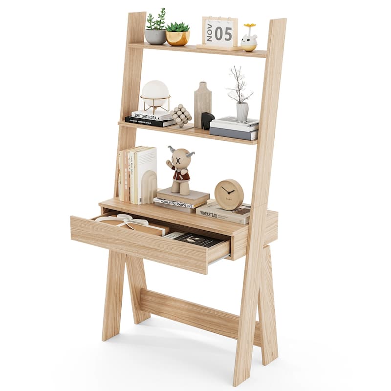 Costway Home Office Ladder Desk Wall-Leaning Laptop Workstation with - Natural - 33'' x 15.5'' x 65''