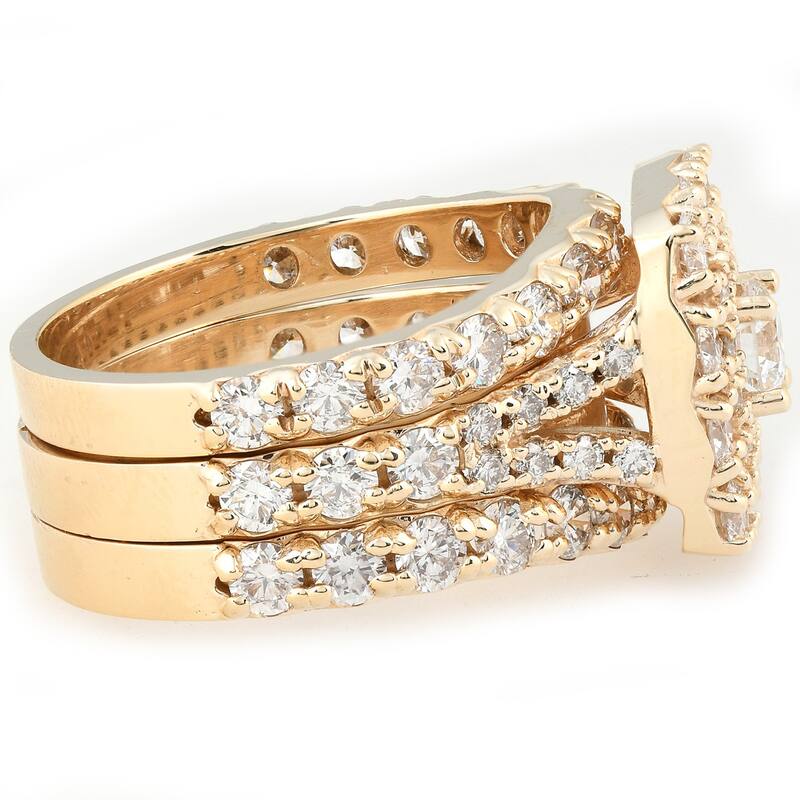 3 1/4 Ct Cushion Double Halo EX3 Lab Grown Engagement Ring Set Yellow Gold