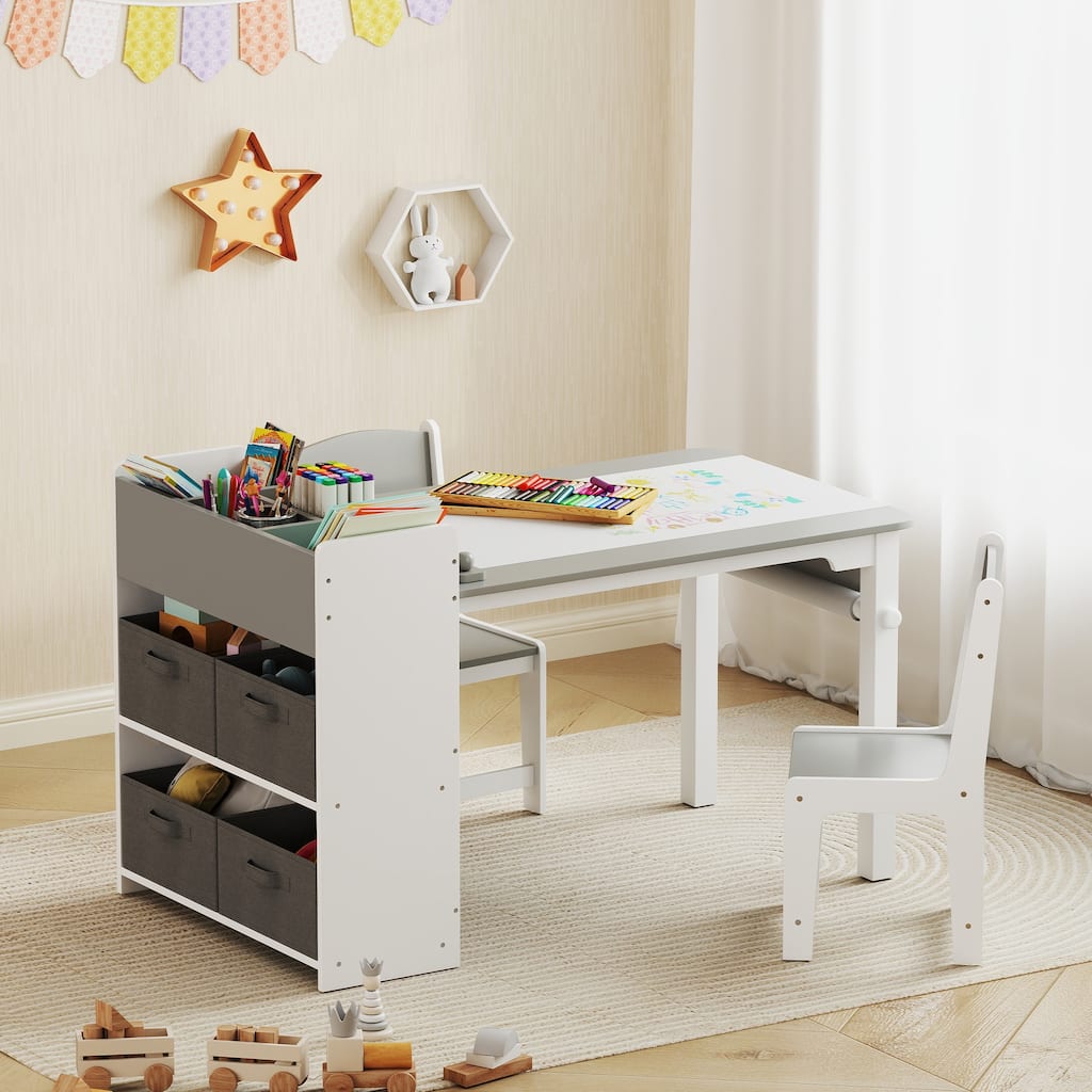 Kids Activity Table and Chair Set with Storage Drawers Paper Roll Gray White Multi-Functional Craft