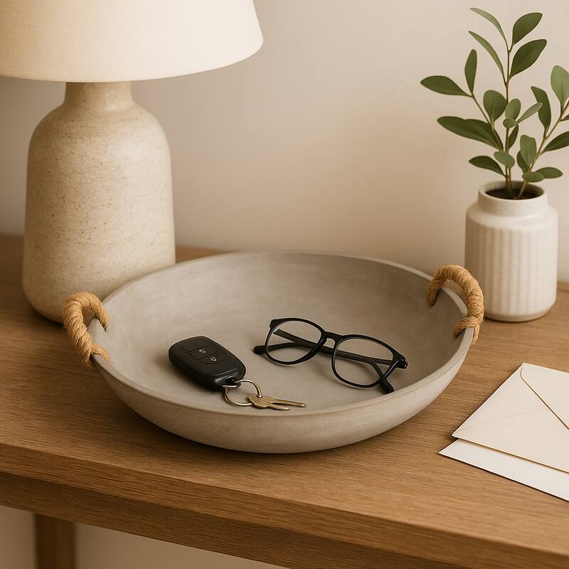 Oval Decorative Bowl with Woven Handles for Home Decor - 12", Gray