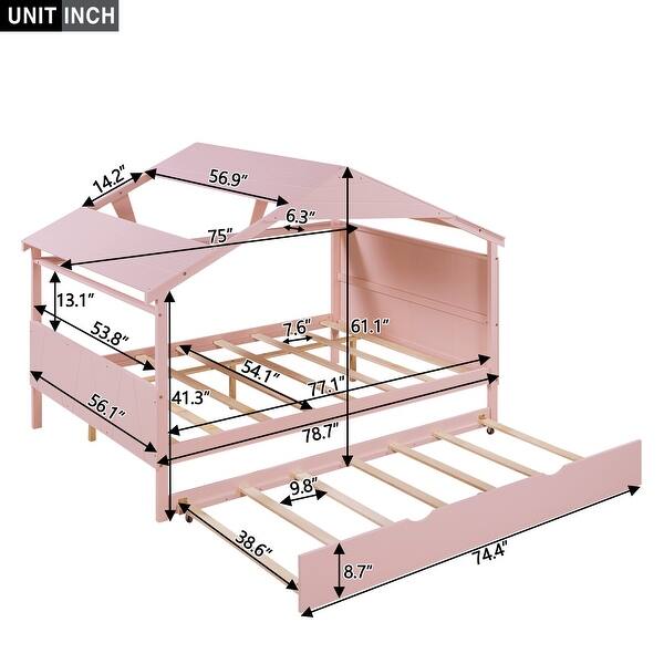 Pink Full Size Solid Wood House Bed with Trundle & Storage