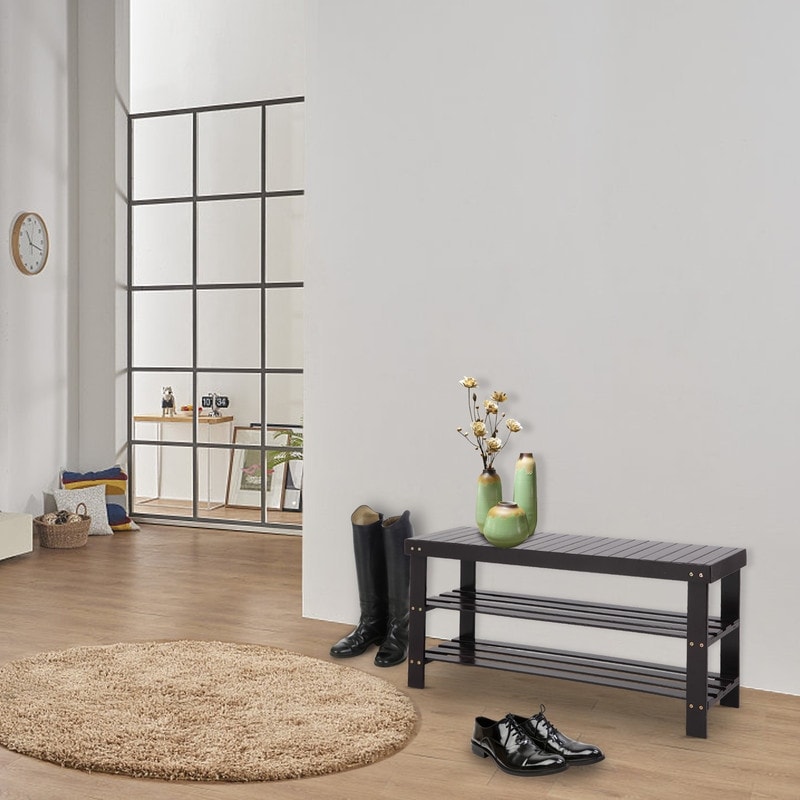 Strip Pattern 3 Tiers Bamboo Stool Shoe Rack Coffee