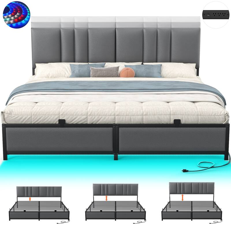 Upholstered Bed Frame with Height Adjustable Headboard,with RGB LED Light and Charging Hub