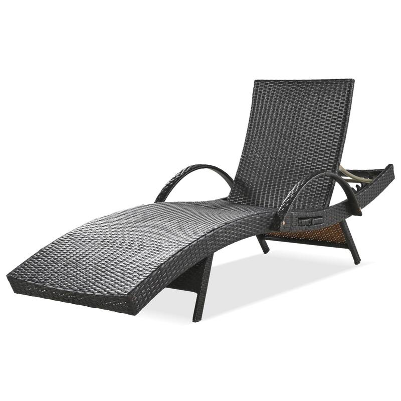 2-piece Outdoor Wicker Chaise Lounge Chairs Set with Pull-out Side Table, Patio Pool Adjustable Reclining Sun Lounger