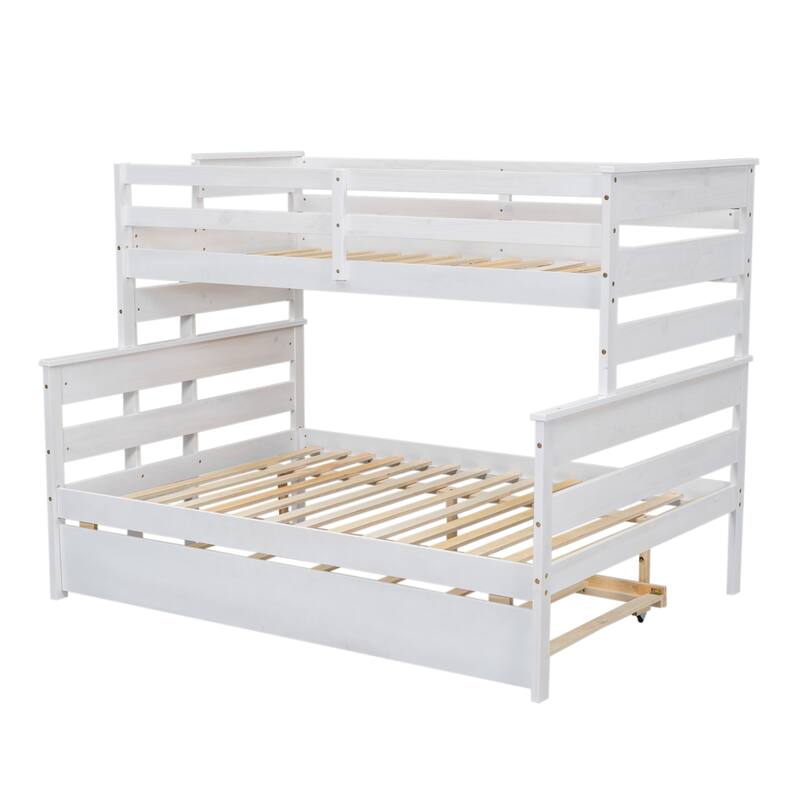 White Twin over Full Bunk Bed with Twin Trundle, Space-Saving Pine Wood & MDF Design