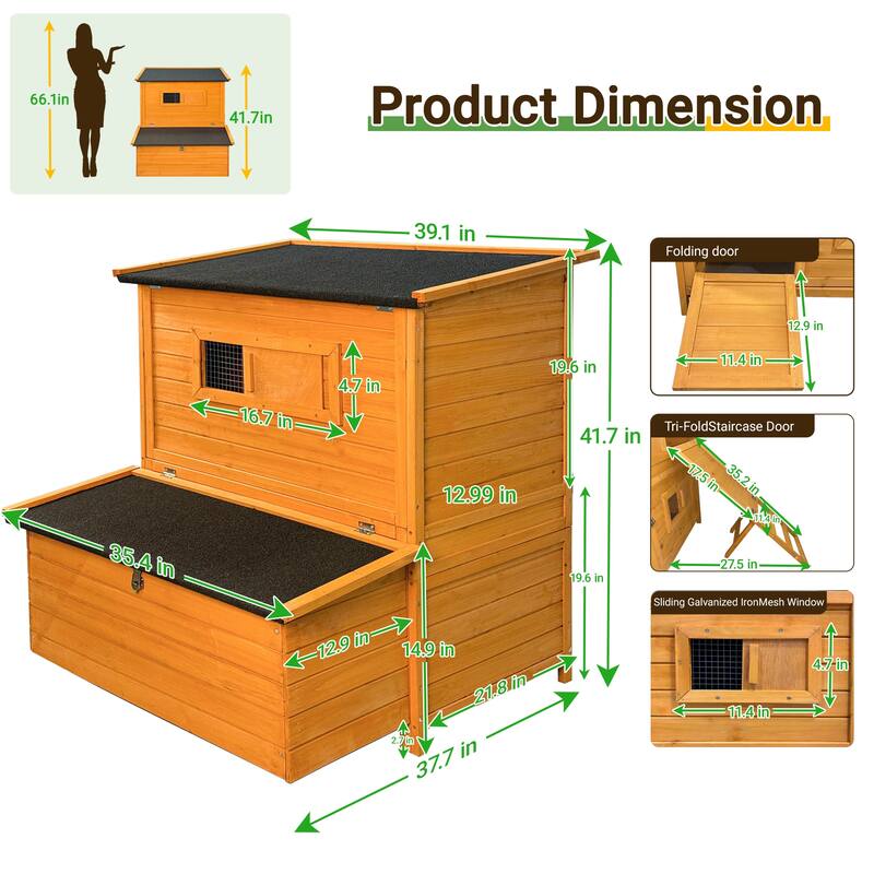 Chicken Coop, Double-House Wooden Chicken Coop For 6-8 Chickens With 3 Nesting Boxes And 2 Pull-Out Trays, A Foldable Ramp