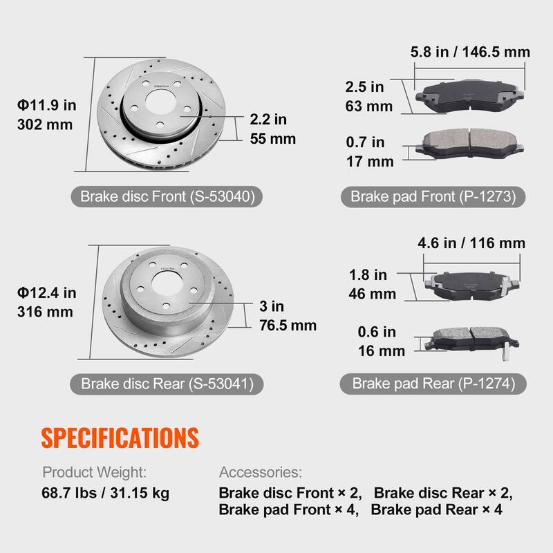 Front and Rear Brake Kit Drilled and Slotted Brake Rotors Ceramic Brake Pads Replacement