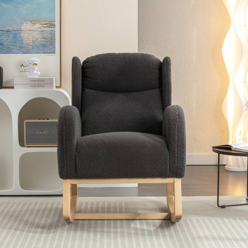 Modern Teddy Fabric Home Rocking Chair with Wood Leg, Tufted High Back