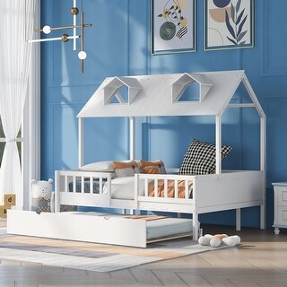 Full Size House Bed Wood Bed with  Twin Size Trundle ( White )