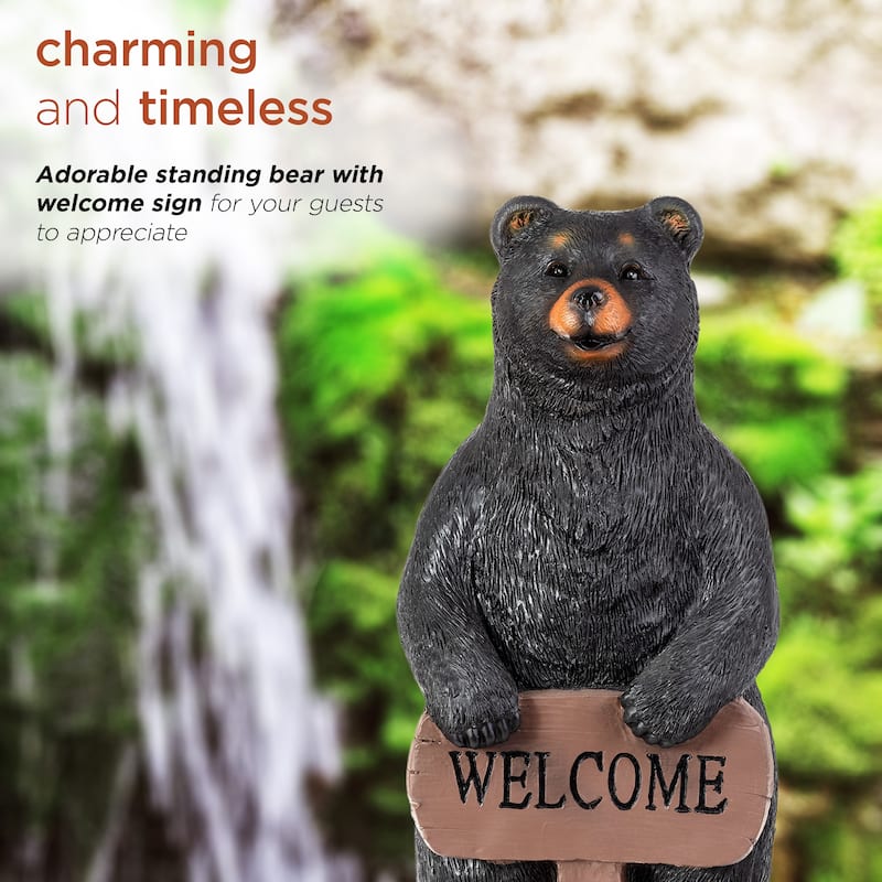 Alpine Corporation 36" Tall Outdoor Standing Black Bear with Welcome Sign Yard Statue Decoration