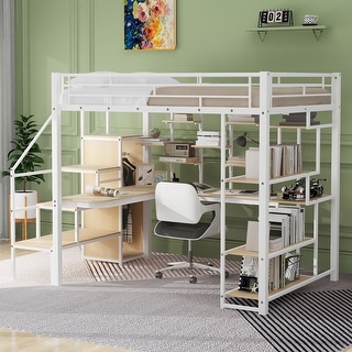 White Full Size Metal Loft Bed with Storage Staircase and Small Wardrobe, Built-in Desk and Storage Shelves