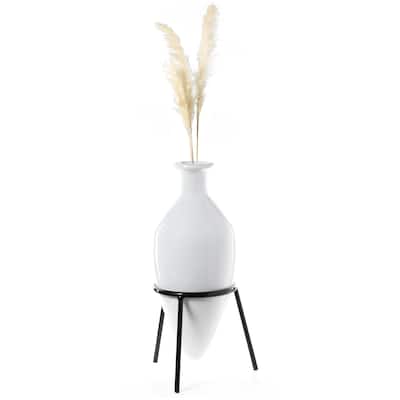 Antique Style Vase, Old Fashioned Amphora, Tall Unique Vase on Slim Black Metal Tripod Stand, 32-Inch-Tall White Vase