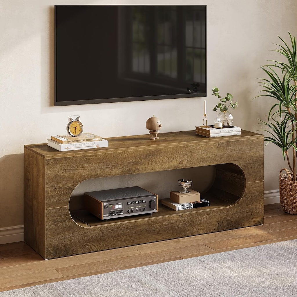63" Wood TV Stand for TVs up to 65 Inches, Farmhouse Entertainment Center with Large Open Storage