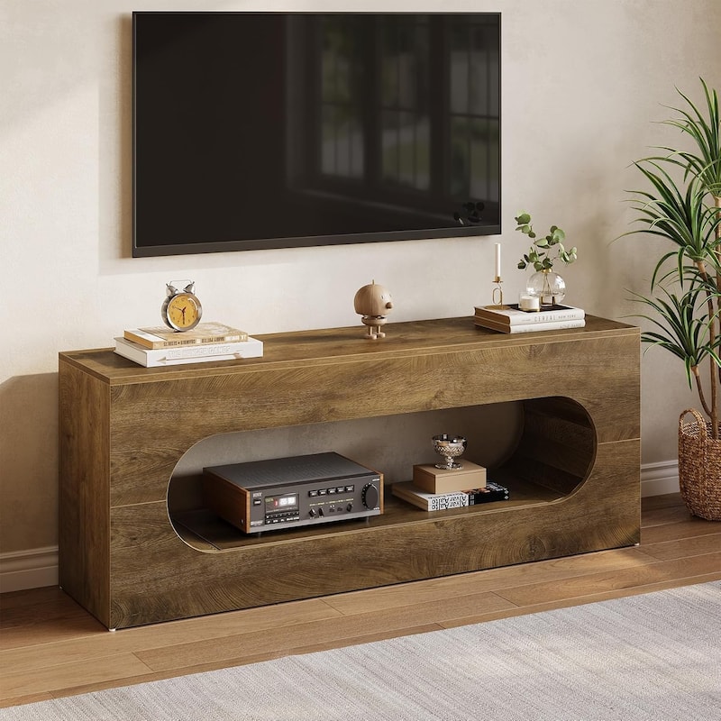 63" Wood TV Stand for TVs up to 65 Inches, Farmhouse Entertainment Center with Large Open Storage - Brown