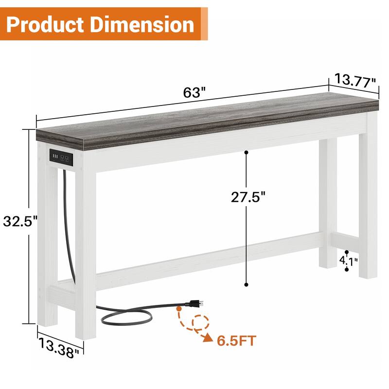 63-In Console Table with Charging Station, Farmhouse Entryway Table/ Behind Couch Table